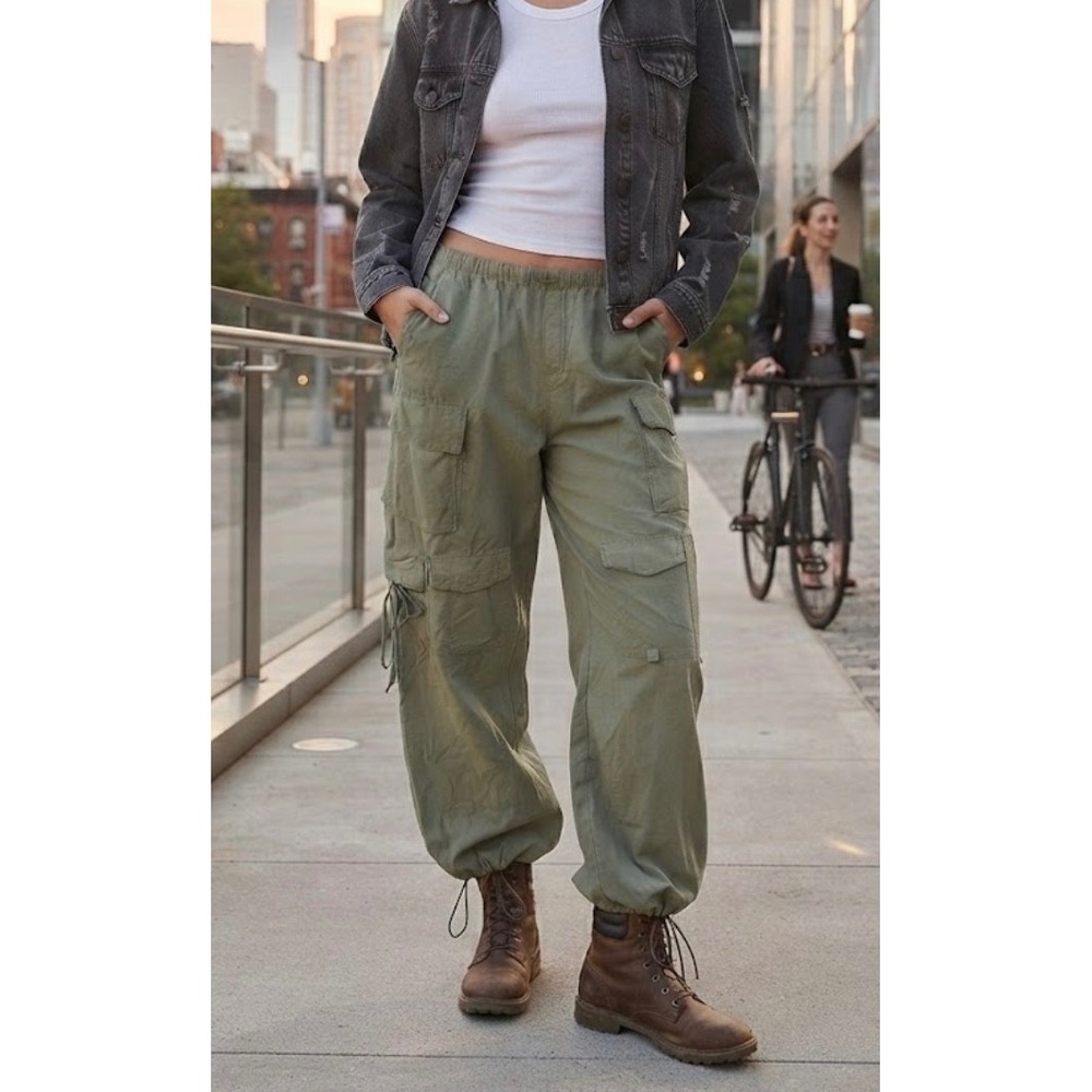 Aeropostale Parachute Cargo Pants Olive Green High Rise Relaxed Fit XL